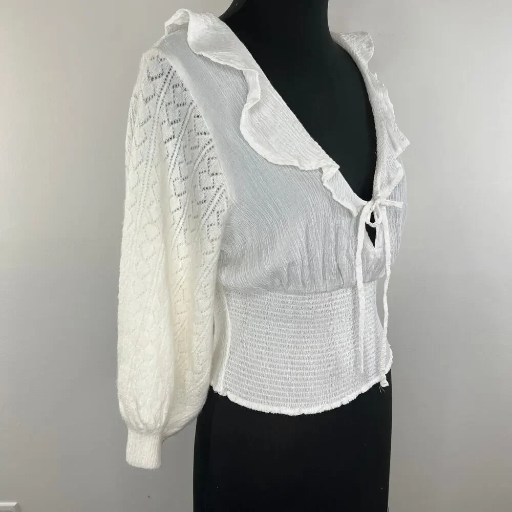 FREE PEOPLE Ivory Billie Cascade Ruffle 3/4 Puff Sleeve Smocked Sweater Top Sz S